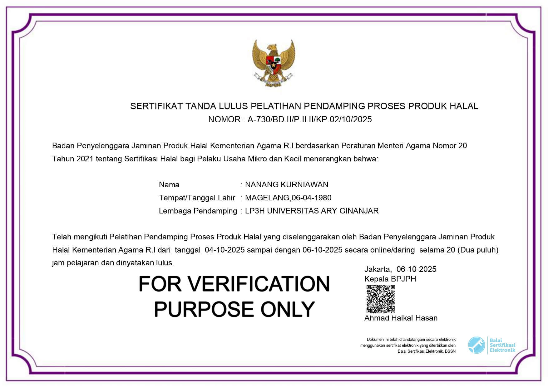 Sertifikat Tanda Lulus Pelatihan Pendamping Proses Produk Halal
